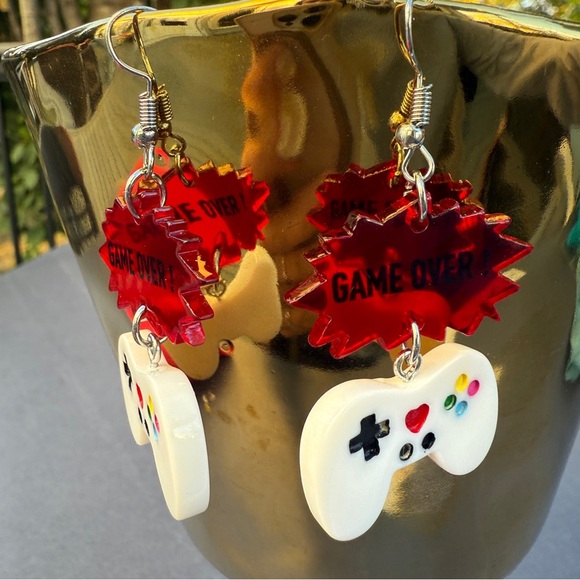 Playful Video Game Nintendo Controller 'Game Over' Acrylic Earrings - Picture 5 of 5